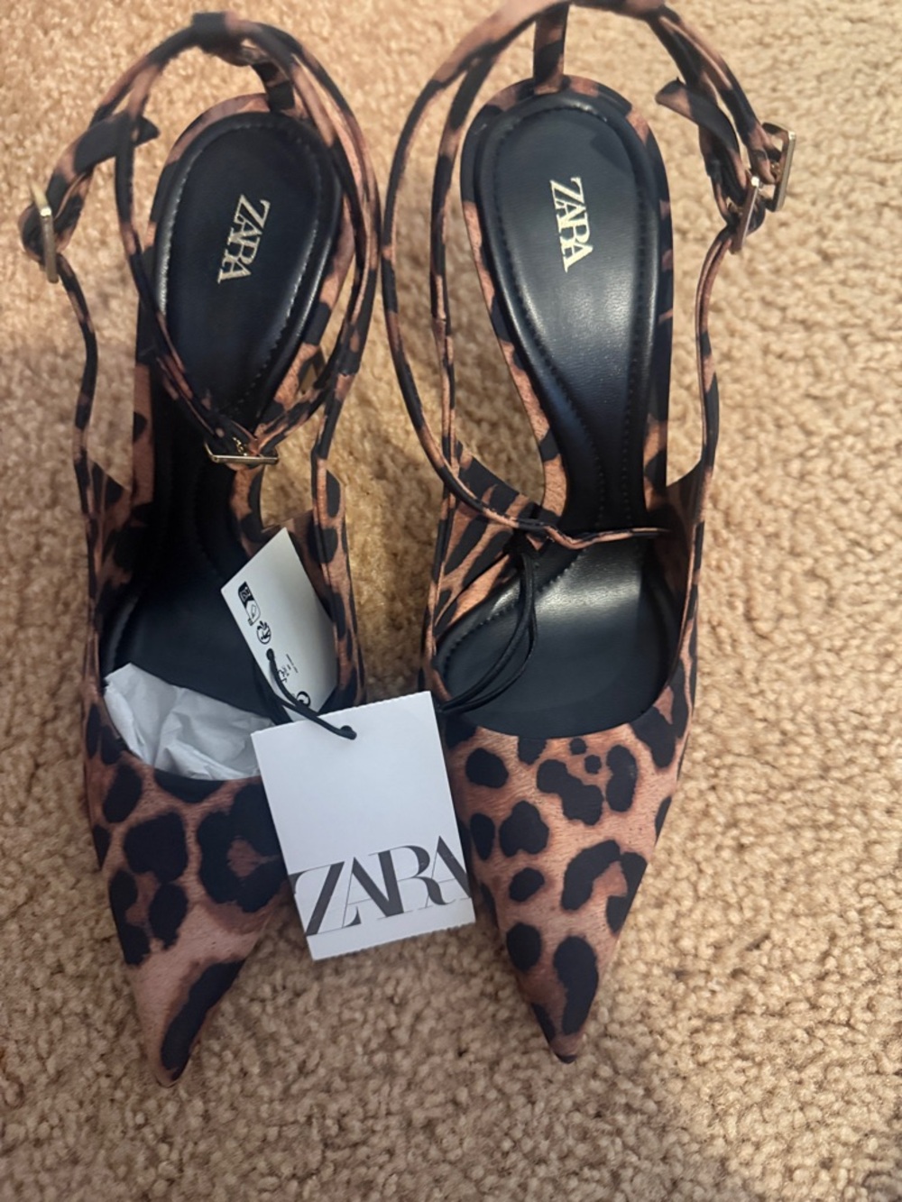 Zara Leopard Print Pointed Toe Slingback Heels - Brown & Black